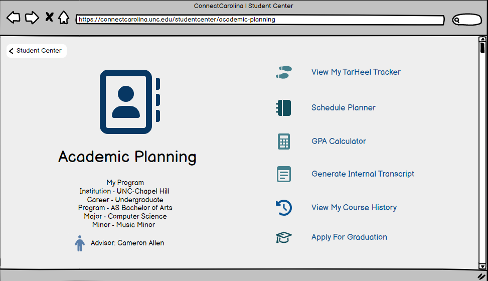 Sample ConnectCarolina Wireframe